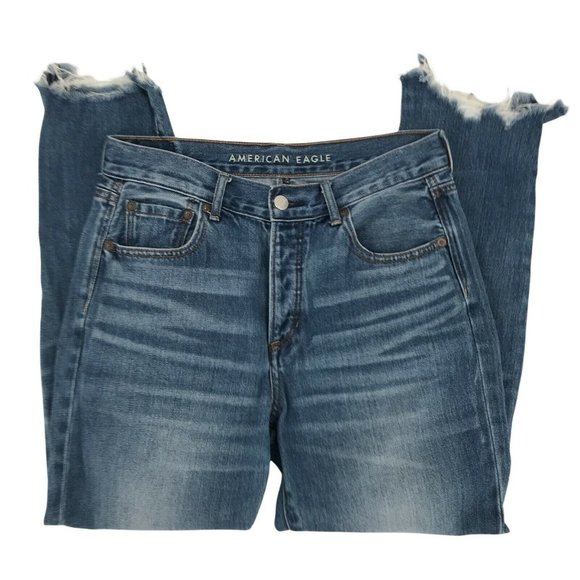 American Eagle Outfitters Denim - American Eagle Outfitters Women Girlfriend Distress Blue Raw Hem Jeans Sz 4Short
